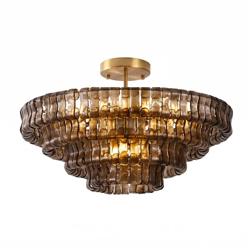Flush mount ceiling light featuring a hand-crafted glass design and sturdy metal frame, available in clear, smoke grey, green, or amber, perfect for modern 24