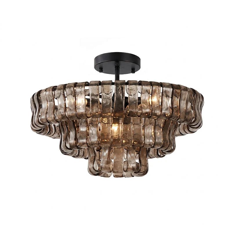 Flush mount ceiling light featuring a hand-crafted glass design and sturdy metal frame, available in clear, smoke grey, green, or amber, perfect for modern 19