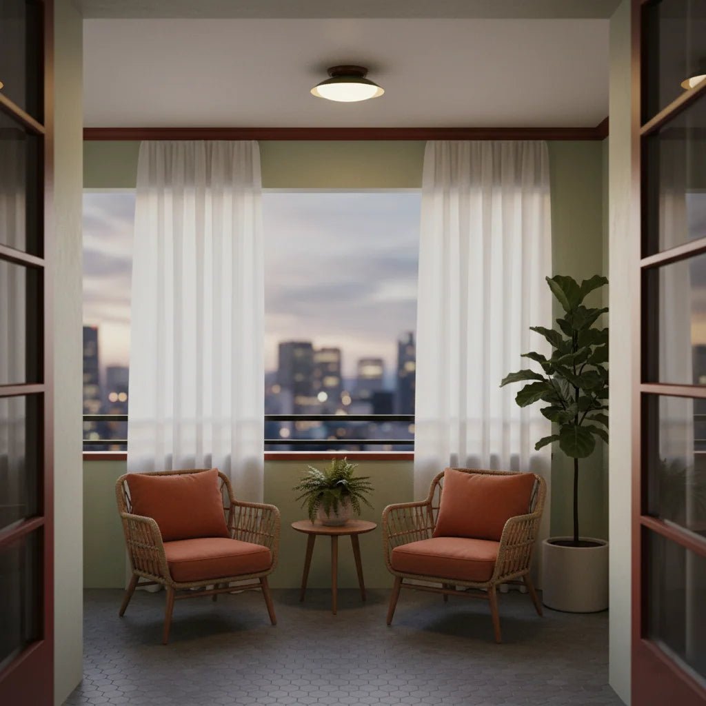 Mid-century style flush mount ceiling light featuring an integrated LED, damp rated for indoor use, with a 25 cm diameter, perfect for enhancing modern home 6