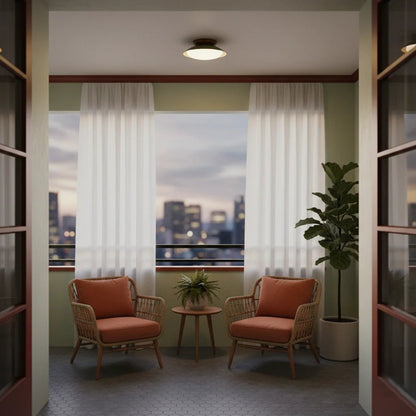 Mid-century style flush mount ceiling light featuring an integrated LED, damp rated for indoor use, with a 25 cm diameter, perfect for enhancing modern home 6