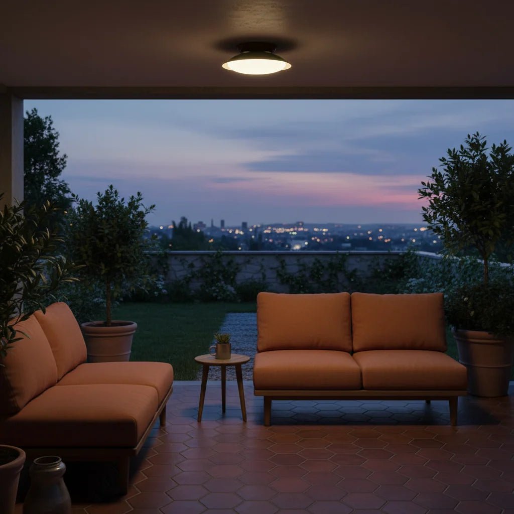 Mid-century style flush mount ceiling light featuring an integrated LED, damp rated for indoor use, with a 25 cm diameter, perfect for enhancing modern home 7