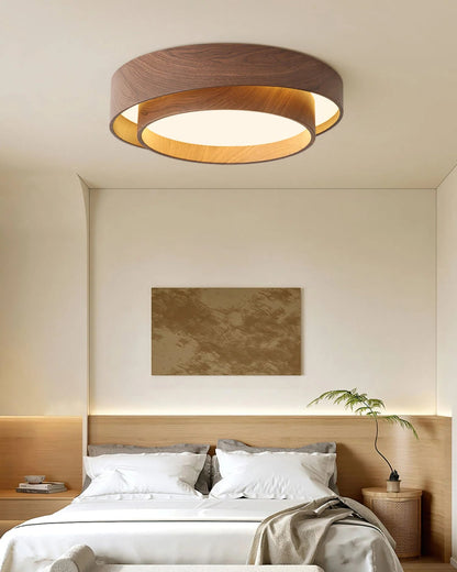 Modern flush mount ceiling light featuring an integrated LED and dimmable options, designed with a stylish walnut finish for contemporary home decor. 6