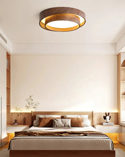 Modern flush mount ceiling light featuring an integrated LED and dimmable options, designed with a stylish walnut finish for contemporary home decor. 5