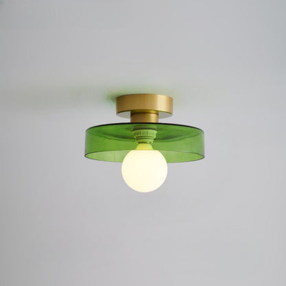 Modern brass and glass flush mount ceiling light designed for dining rooms or halls, featuring LED compatibility for energy-efficient illumination. 11