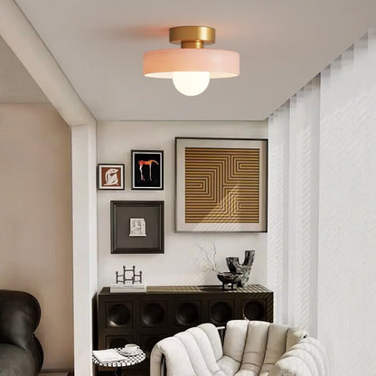 Modern brass and glass flush mount ceiling light designed for dining rooms or halls, featuring LED compatibility for energy-efficient illumination. 3