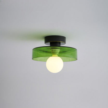 Modern brass and glass flush mount ceiling light designed for dining rooms or halls, featuring LED compatibility for energy-efficient illumination. 5