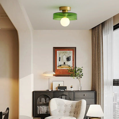 Modern brass and glass flush mount ceiling light designed for dining rooms or halls, featuring LED compatibility for energy-efficient illumination. 2