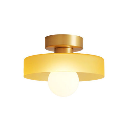 Modern brass and glass flush mount ceiling light designed for dining rooms or halls, featuring LED compatibility for energy-efficient illumination. 6