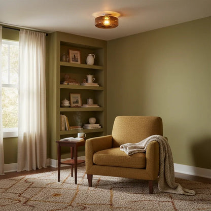 Flush mount ceiling light featuring a tri-color LED system and an elegant amber glass shade, complemented by a sleek chrome finish, ideal for versatile indoor lighting solutions 7