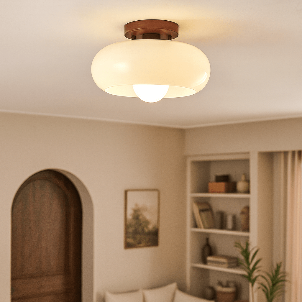 Flush mount ceiling light featuring a warm glow, elegant wooden accent, and a Bauhaus style opal glass shade, perfect for enhancing the ambiance of bedrooms 1