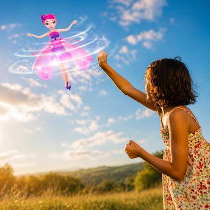 Flying Fairy Toy featuring hand sensor control and vibrant LED lights, designed for interactive play; USB rechargeable for convenience. 1