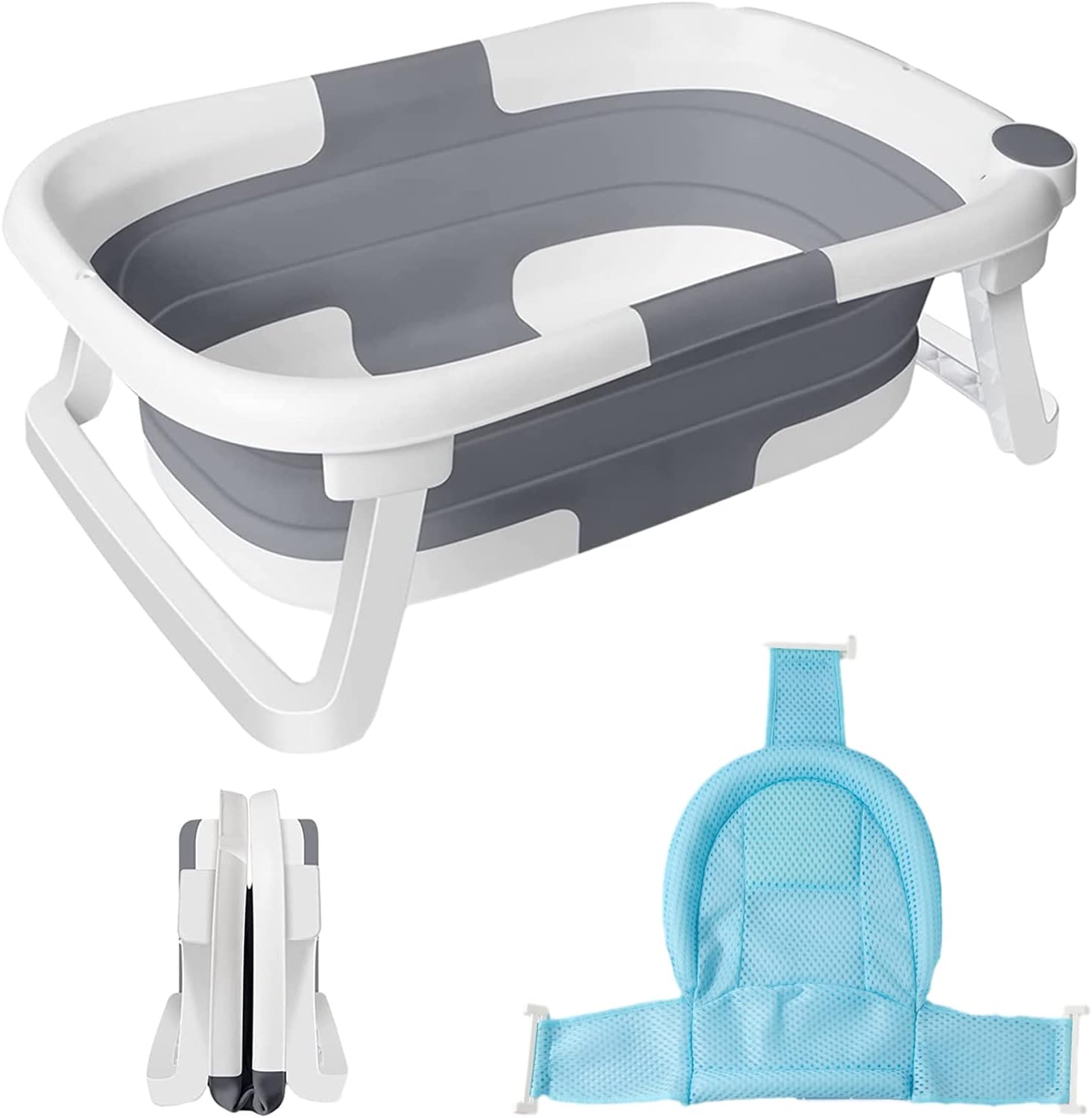 Foldable baby bathtub in gray with non-slip base, designed for infants and toddlers, featuring a quick-drying net for easy portability and storage. 0