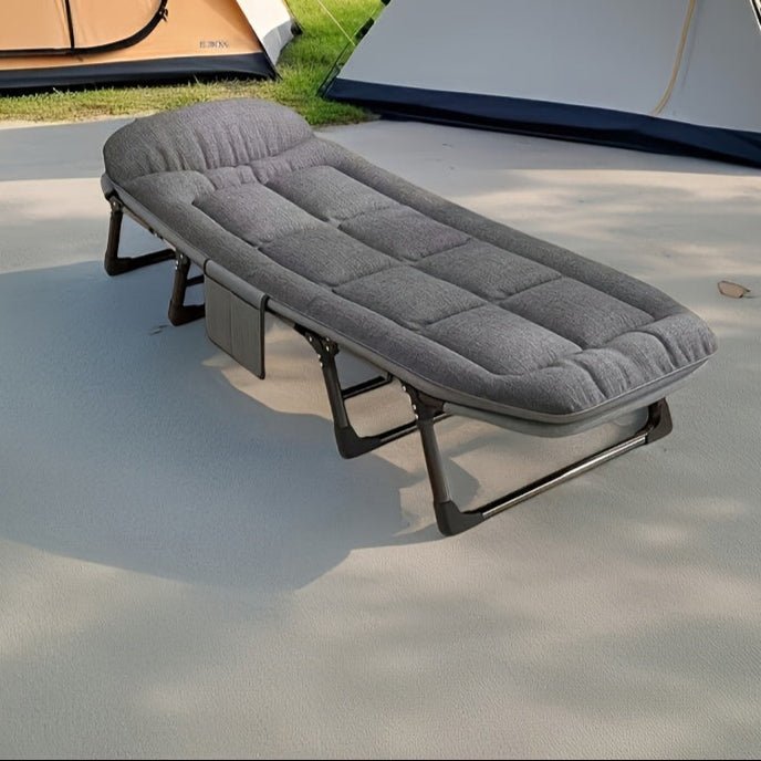 Foldable camping bed featuring a lightweight aluminum frame and durable stainless steel, designed for compact outdoor sleeping solutions. 0