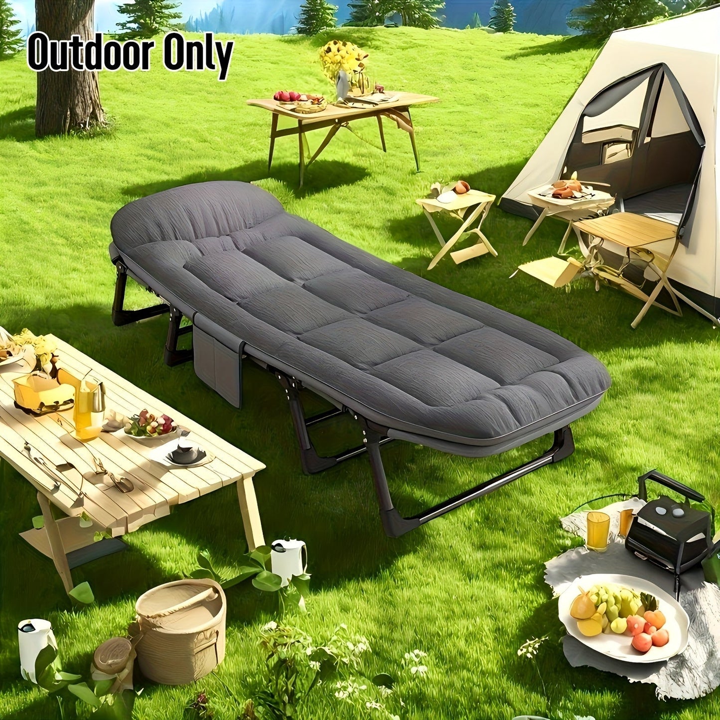 Foldable camping bed featuring a lightweight aluminum frame and durable stainless steel, designed for compact outdoor sleeping solutions. 4
