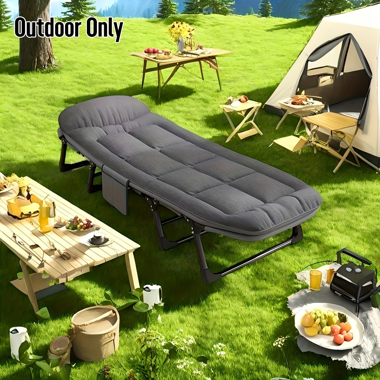 Foldable camping bed featuring a lightweight aluminum frame and durable stainless steel, designed for compact outdoor sleeping solutions. 4
