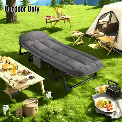 Foldable camping bed featuring a lightweight aluminum frame and durable stainless steel, designed for compact outdoor sleeping solutions. 4