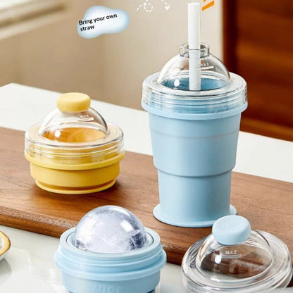 Foldable Ice Ball Maker featuring a 2-in-1 mold and portable silicone design, perfect for creating ice balls for cold drinks on the go. 2