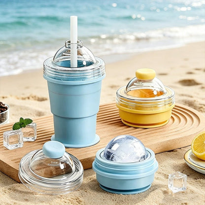 Foldable Ice Ball Maker featuring a 2-in-1 mold and portable silicone design, perfect for creating ice balls for cold drinks on the go. 1