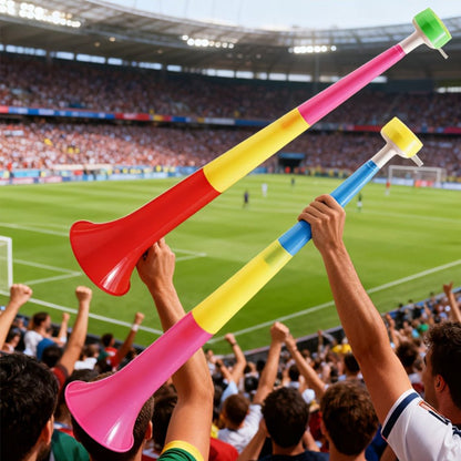 Foldable Vuvuzela Horns Set featuring 6 colorful noise makers, perfect for loud cheering at sports events and parties. 1
