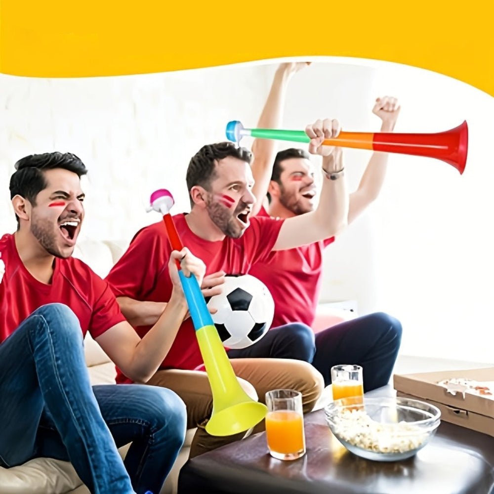 Foldable Vuvuzela Horns Set featuring 6 colorful noise makers, perfect for loud cheering at sports events and parties. 2