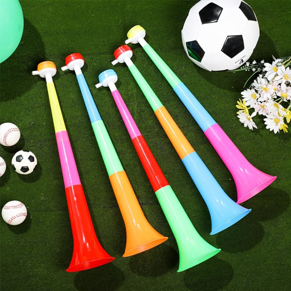 Foldable Vuvuzela Horns Set featuring 6 colorful noise makers, perfect for loud cheering at sports events and parties. 3