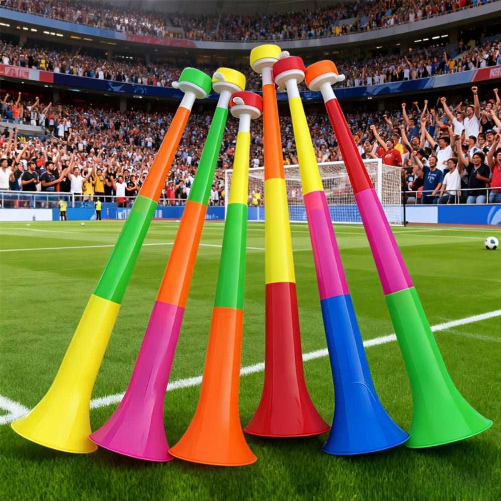 Foldable Vuvuzela Horns Set featuring 6 colorful noise makers, perfect for loud cheering at sports events and parties. 0