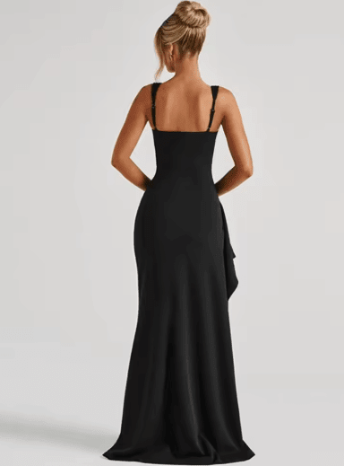 Elegant formal maxi dress featuring a square neckline and high side slit, designed as a fitted column evening gown perfect for special occasions. 1