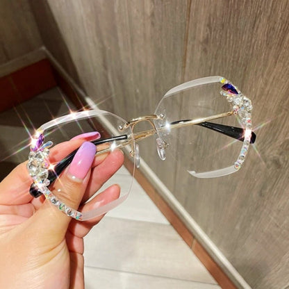 Frameless rhinestone sunglasses with UV protection, stylish women's fashion eyewear featuring a chic design and sparkling embellishments, perfect for sunny days. 9