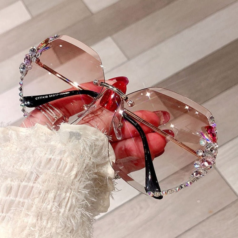 Frameless rhinestone sunglasses with UV protection, stylish women's fashion eyewear featuring a chic design and sparkling embellishments, perfect for sunny days. 7