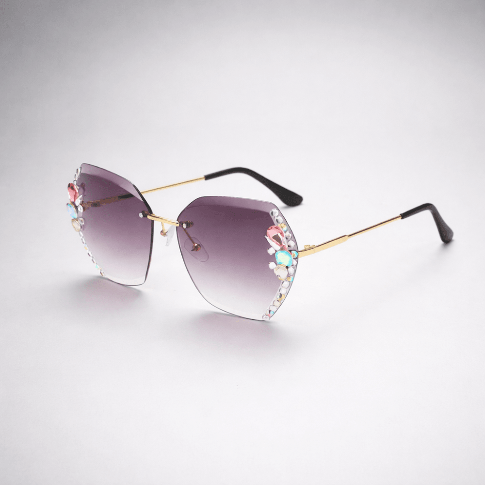 Frameless rhinestone sunglasses with UV protection, stylish women's fashion eyewear featuring a chic design and sparkling embellishments, perfect for sunny days. 1