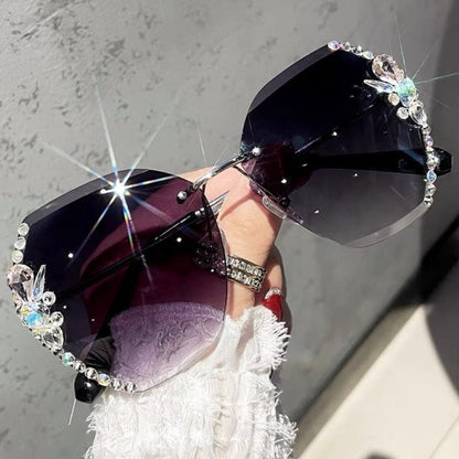 Frameless rhinestone sunglasses with UV protection, stylish women's fashion eyewear featuring a chic design and sparkling embellishments, perfect for sunny days. 6