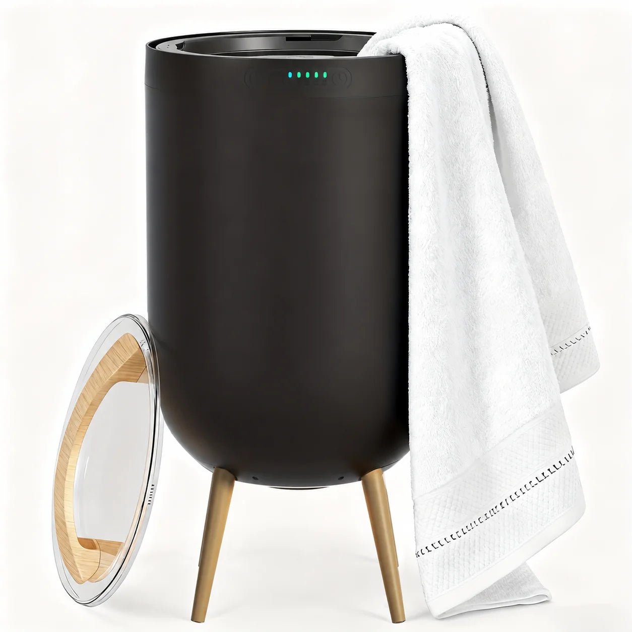Freestanding towel warmer bucket in black and gold, featuring a Bluetooth speaker and LED ambient light, with a 23L capacity for cozy towels. 0