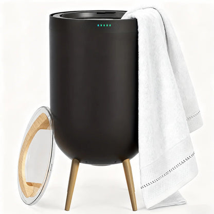 Freestanding towel warmer bucket in black and gold, featuring a Bluetooth speaker and LED ambient light, with a 23L capacity for cozy towels. 0