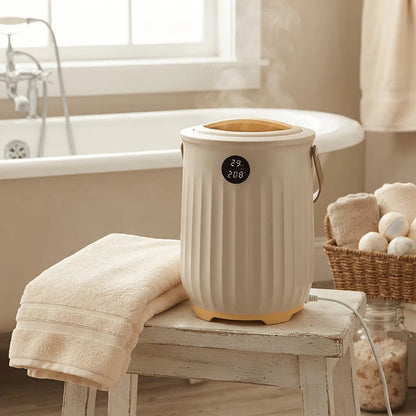 Freestanding towel warmer bucket with LED timer and aroma box, 20L capacity, featuring a lockable lid and portable design for home spa experiences. 4