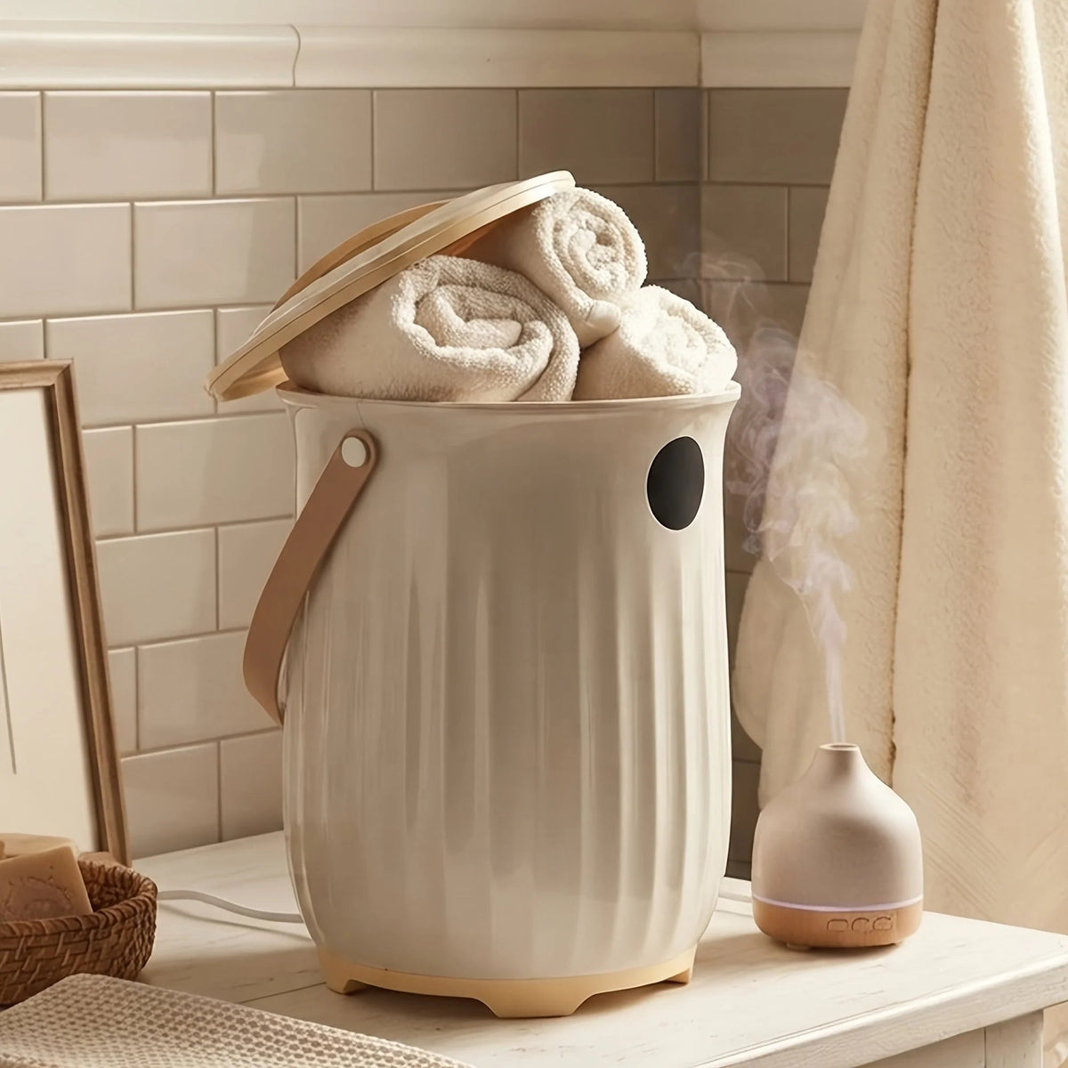 Freestanding towel warmer bucket with LED timer and aroma box, 20L capacity, featuring a lockable lid and portable design for home spa experiences. 2