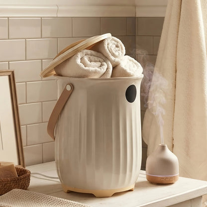 Freestanding towel warmer bucket with LED timer and aroma box, 20L capacity, featuring a lockable lid and portable design for home spa experiences. 2