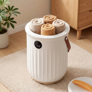 Freestanding towel warmer bucket with LED timer and aroma box, 20L capacity, featuring a lockable lid and portable design for home spa experiences. 0