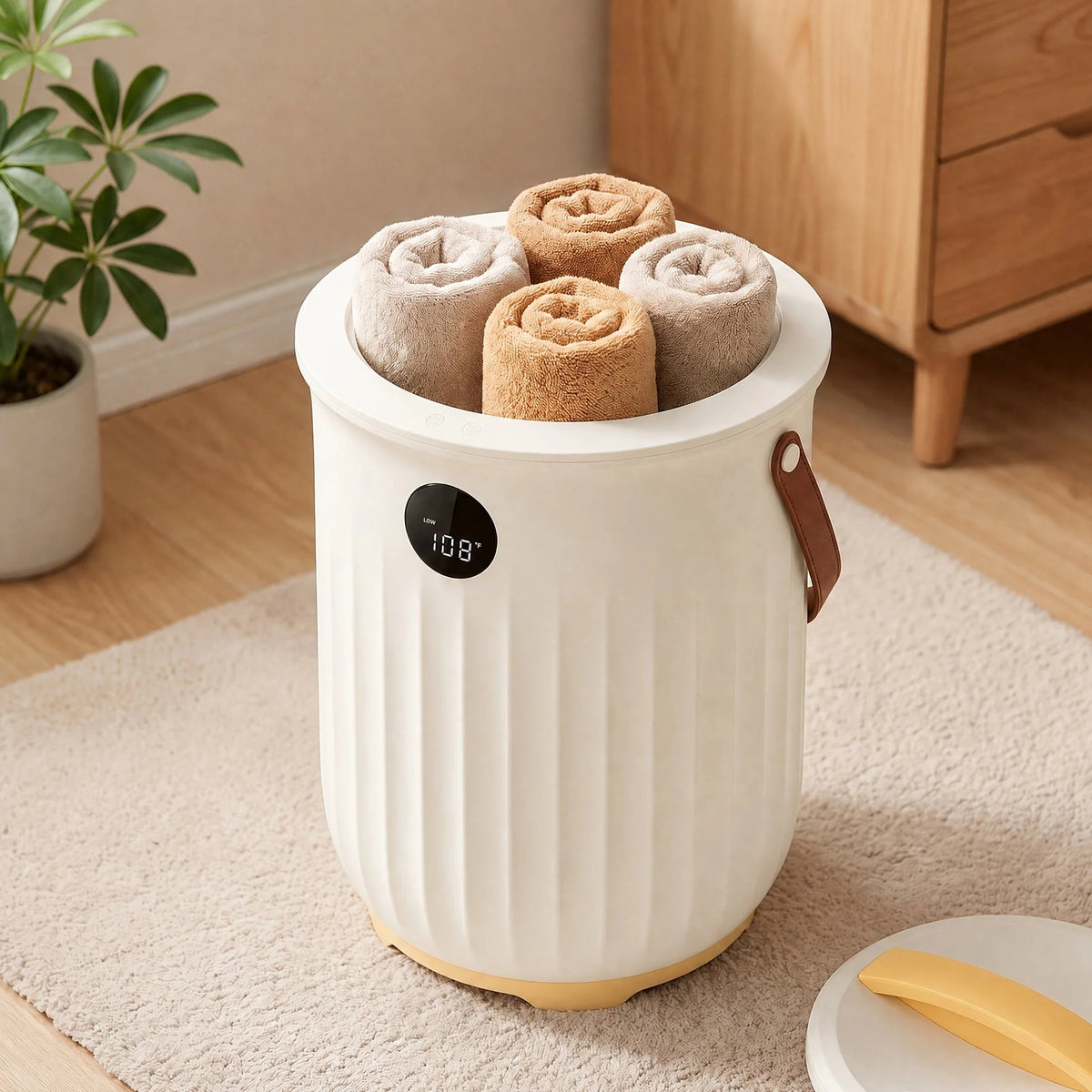 Freestanding towel warmer bucket with LED timer and aroma box, 20L capacity, featuring a lockable lid and portable design for home spa experiences. 1