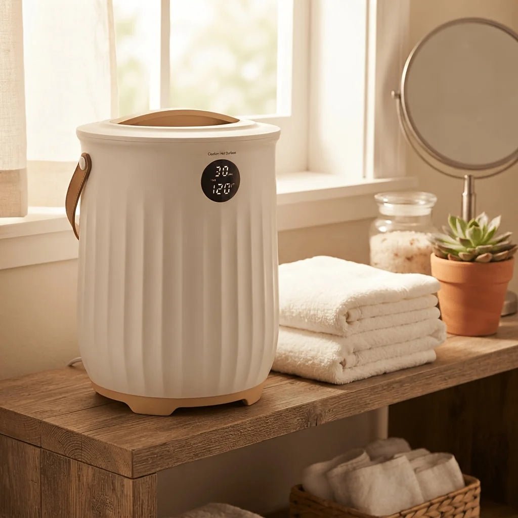 Freestanding towel warmer bucket with LED timer and aroma box, 20L capacity, featuring a lockable lid and portable design for home spa experiences. 3