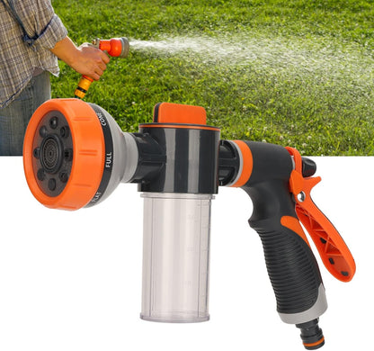 High-pressure garden sprayer featuring 8 adjustable spray modes and a foam nozzle, ideal for efficient watering in gardens and effective car washing. 1