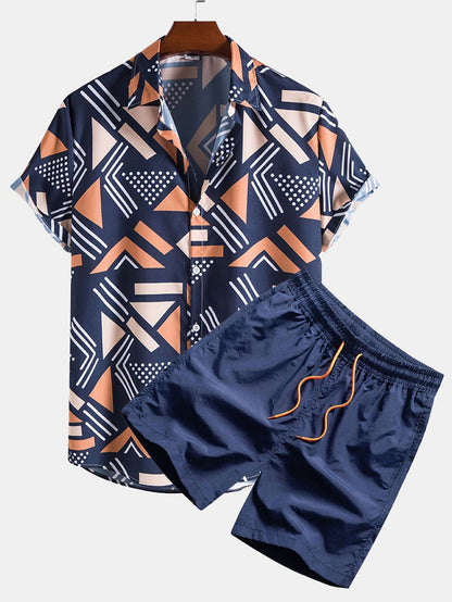 Geometric Print Shirt and Swim Shorts Set – Unique Pattern Design, 100% Polyester 0