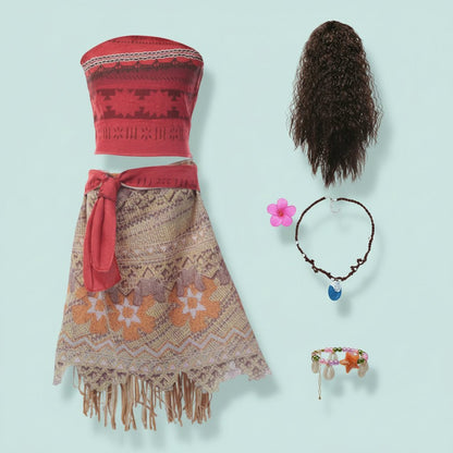 Girls vibrant island princess costume dress for parties, complete with accessories, available in multiple sizes. 3