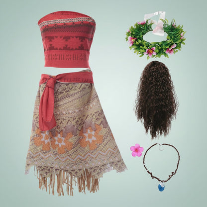 Girls vibrant island princess costume dress for parties, complete with accessories, available in multiple sizes. 4