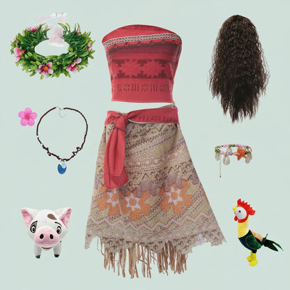 Girls vibrant island princess costume dress for parties, complete with accessories, available in multiple sizes. 2