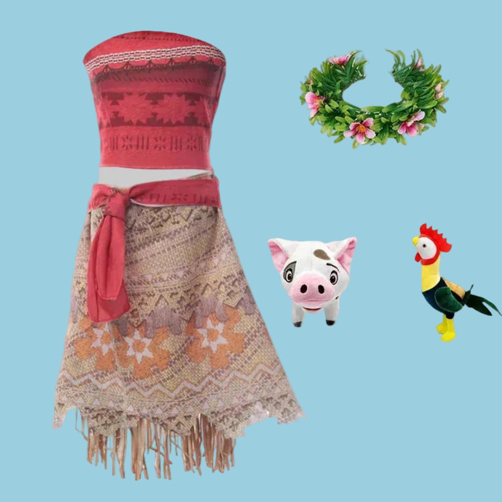 Girls vibrant island princess costume dress for parties, complete with accessories, available in multiple sizes. 5