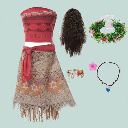 Girls vibrant island princess costume dress for parties, complete with accessories, available in multiple sizes. 6