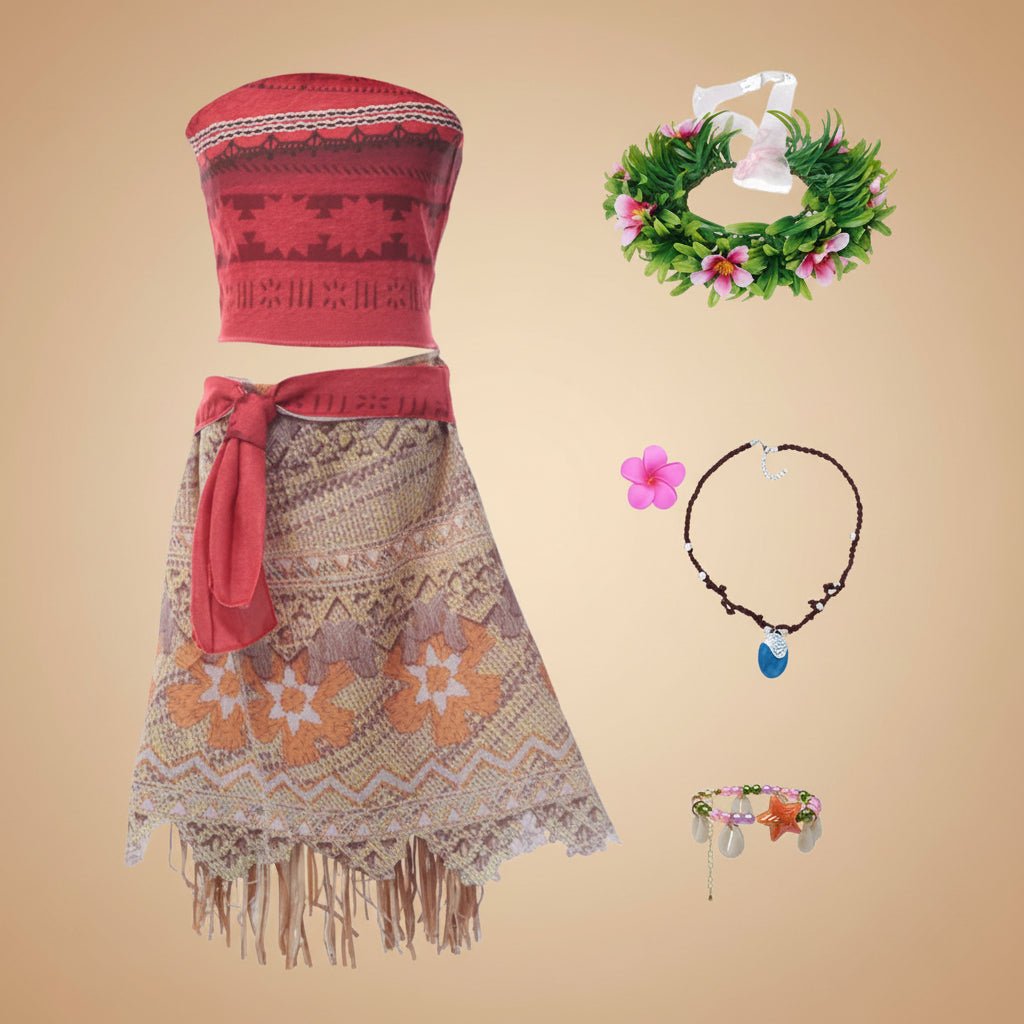 Girls vibrant island princess costume dress for parties, complete with accessories, available in multiple sizes. 7