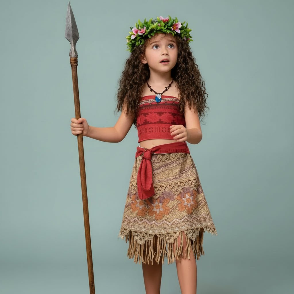 Girls vibrant island princess costume dress for parties, complete with accessories, available in multiple sizes. 1