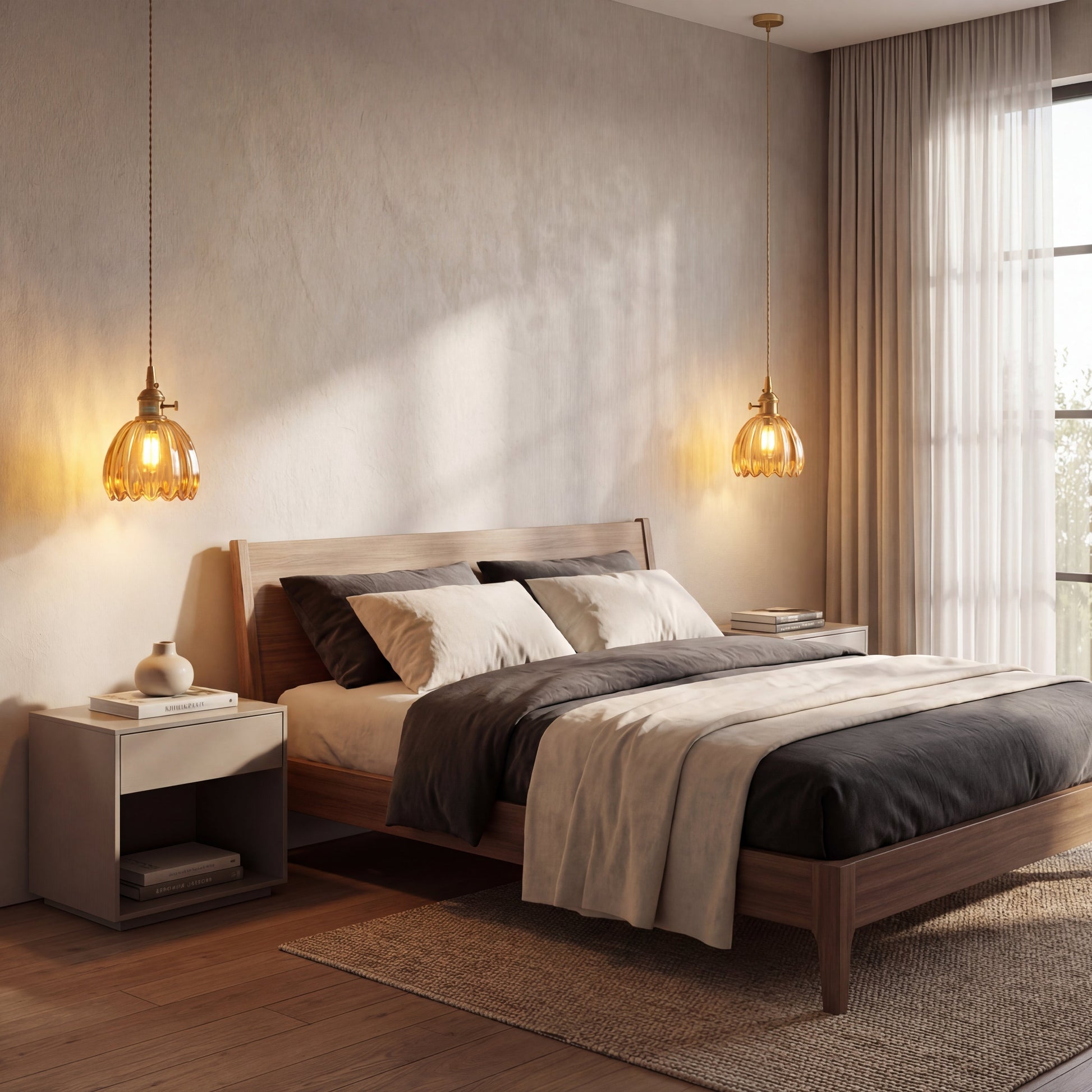 Glass pendant lamp featuring a minimalist Japanese design, adjustable height, perfect for modern kitchen lighting. 4