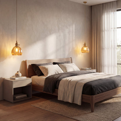 Glass pendant lamp featuring a minimalist Japanese design, adjustable height, perfect for modern kitchen lighting. 4